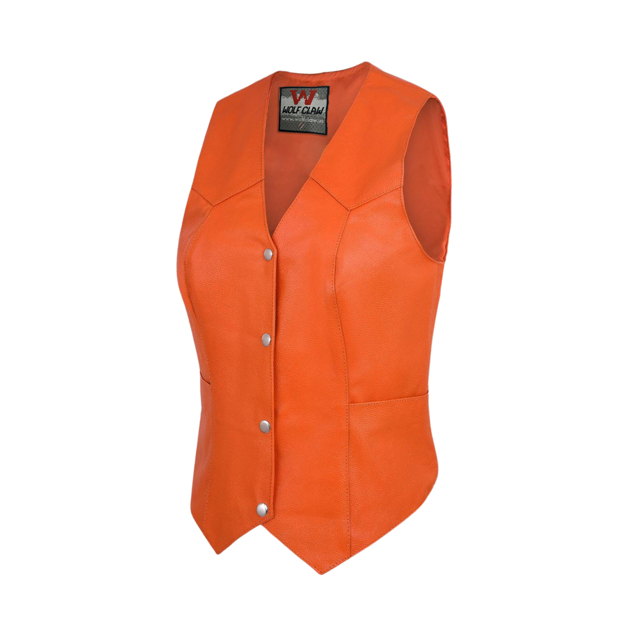 Orange women’s leather biker vest with V-neck and snap-button front, sleeveless cut