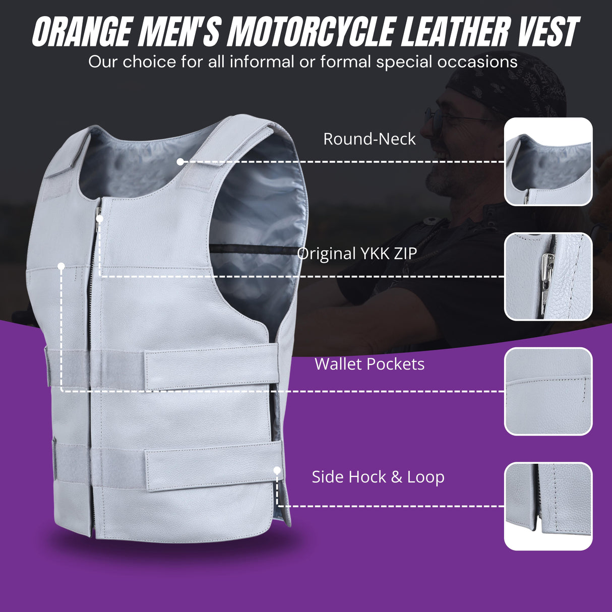 Men's Grey Bullet Proof Style Leather Vest.