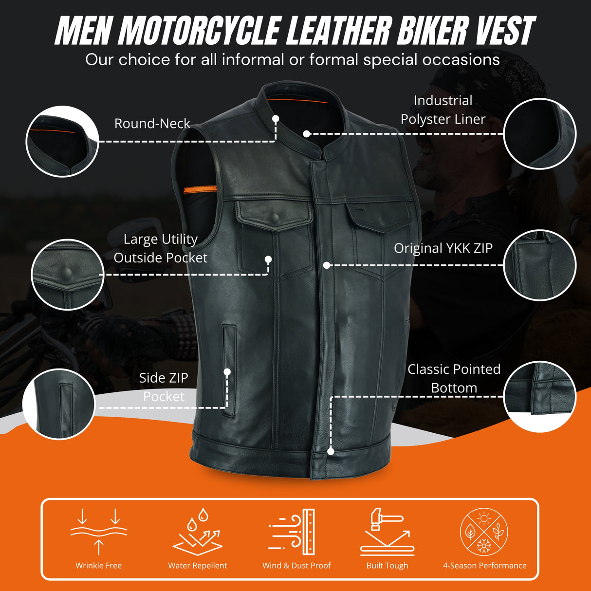 Men's Black Outlaw Leather Club Zipper/Snap Inside Gun Pockets Leather Vest