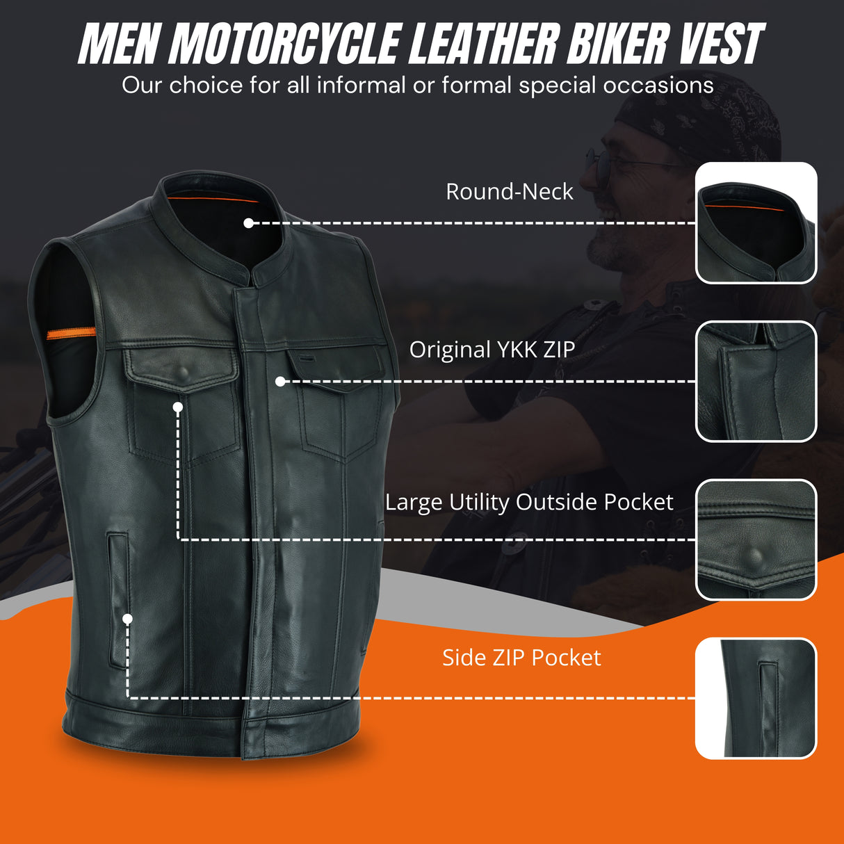 Men's Black Outlaw Leather Club Zipper/Snap Inside Gun Pockets Leather Vest