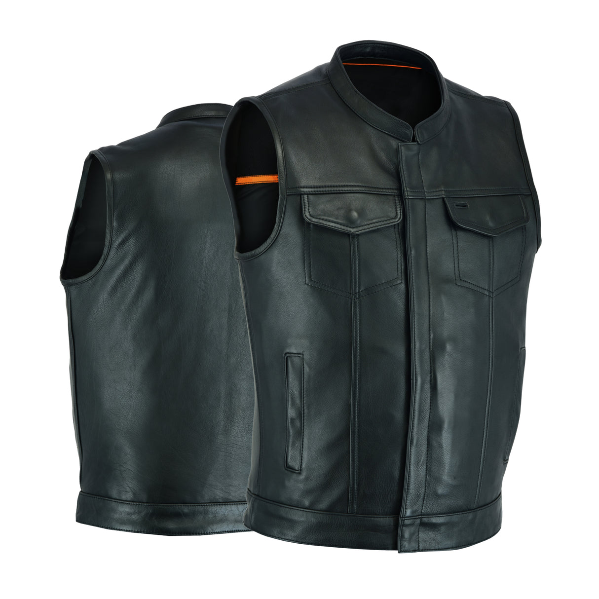 Men's Black Outlaw Leather Club Zipper/Snap Inside Gun Pockets Leather Vest