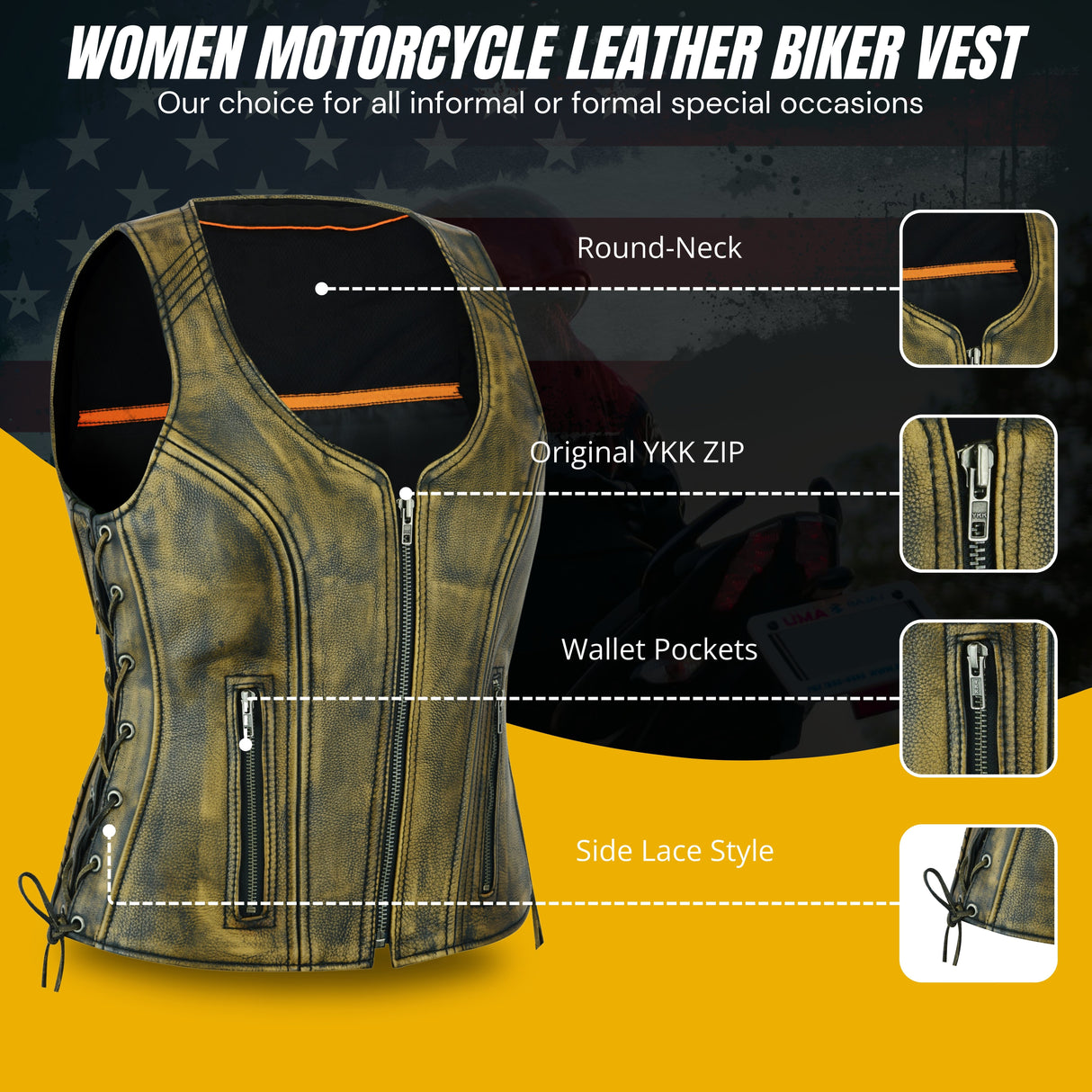 Women's Distressed Brown ‘Open Neck’ Side Laces Motorcycle Leather Vest