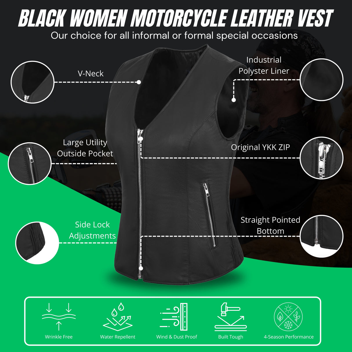 Women’s Black Lamb Leather Vest with Side Stretch Soft & Stylish