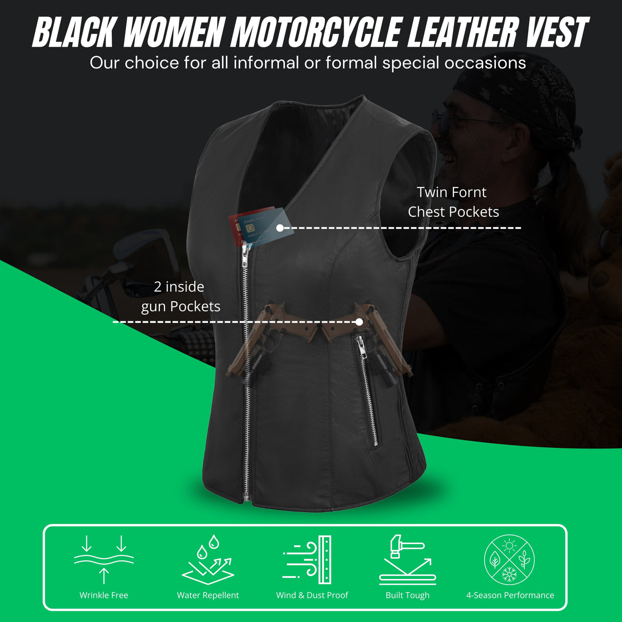 Women’s Black Lamb Leather Vest with Side Stretch Soft & Stylish