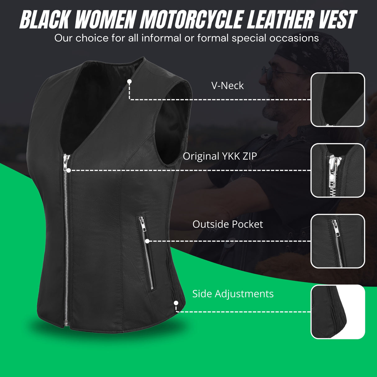 Women’s Black Lamb Leather Vest with Side Stretch Soft & Stylish