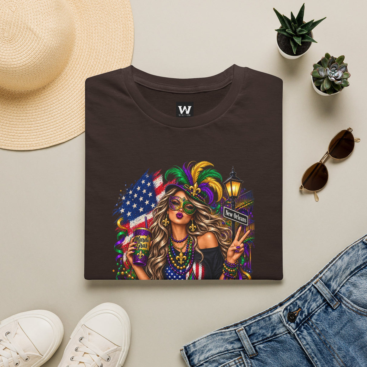 Dark brown T-shirt with Mardi Gras queen and American flag graphic on front
