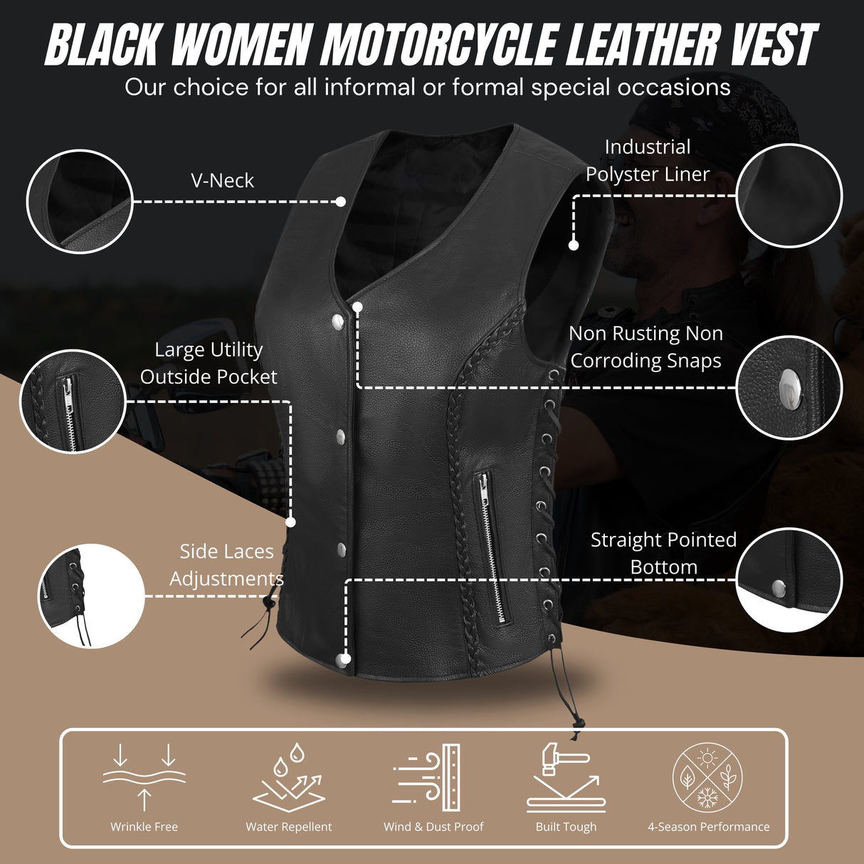 WOMEN BLACK VEST SIDE LACE M/O BUFFALO LEATHER