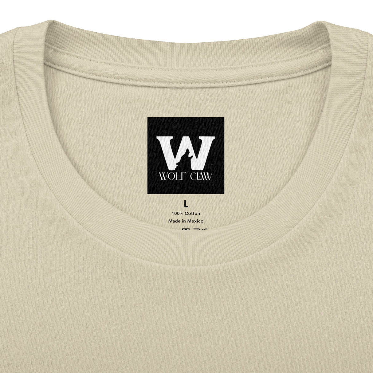 Cream crew neck tee with Wolf Claw logo patch centered at chest