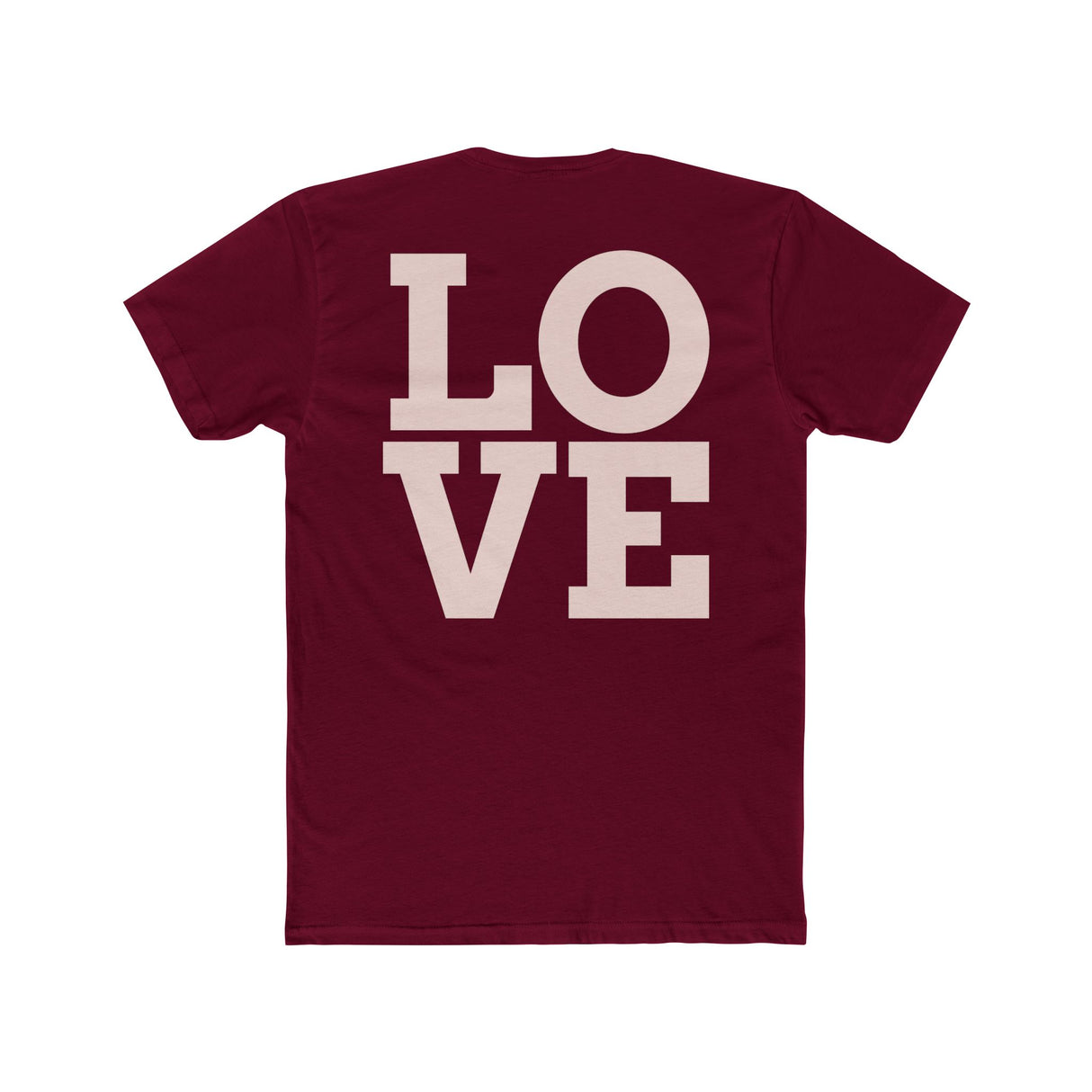 Burgundy crew neck T-shirt with large "LOVE" print on back
