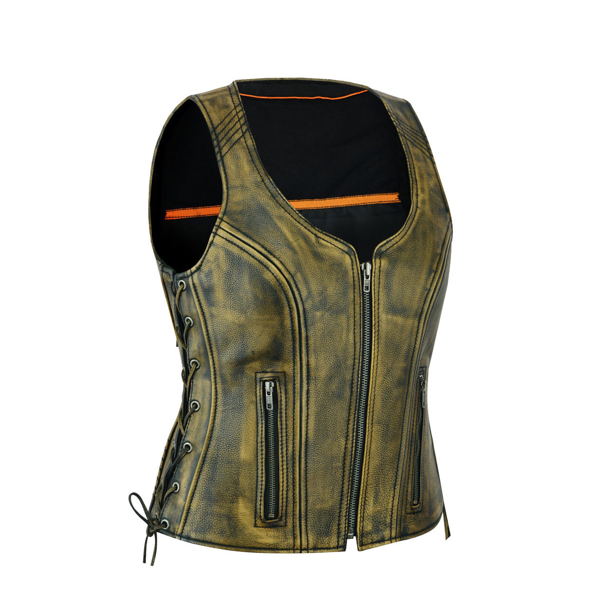 Women's Distressed Brown ‘Open Neck’ Side Laces Motorcycle Leather Vest