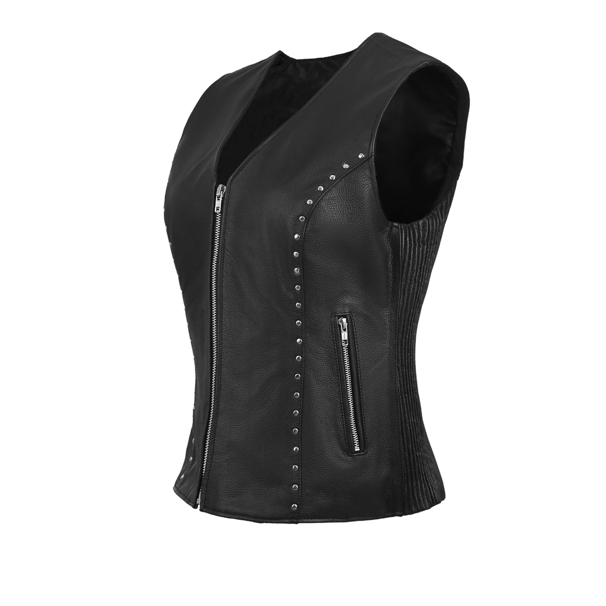 WCWV75841Stud Black Women's Side stretch leather motorcycle vest