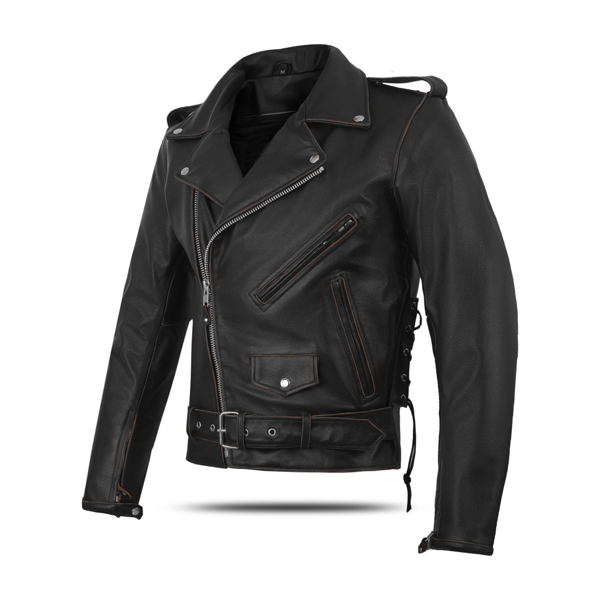 Old School Police Style Motorcycle Leather Jacket Rub Buff