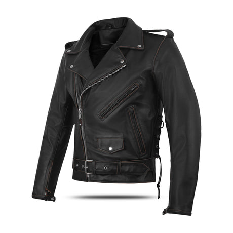 Old School Police Style Motorcycle Leather Jacket Rub Buff