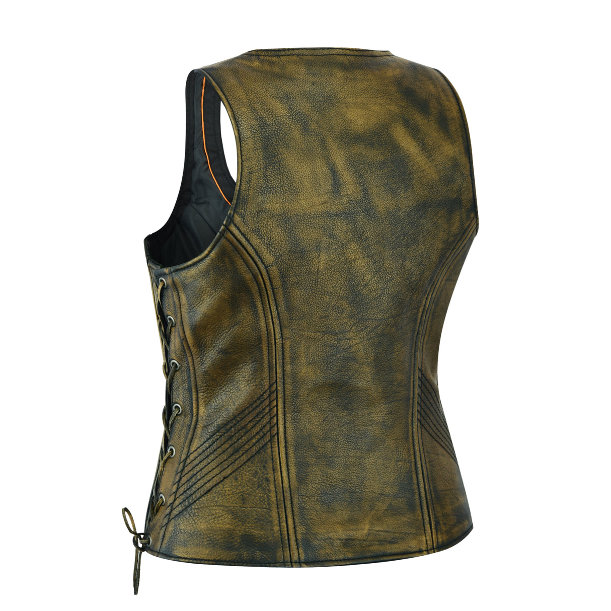 Women's Distressed Brown ‘Open Neck’ Side Laces Motorcycle Leather Vest