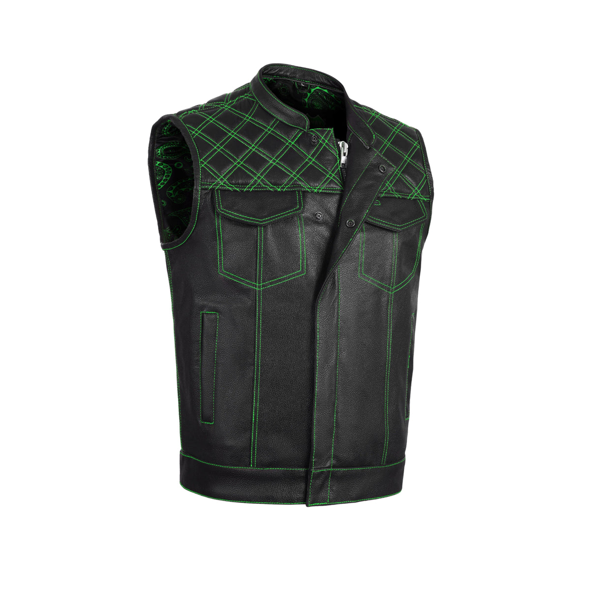 Men's Green Black Cross Stitch Club Style Cow Platted Milled Leather Vest.
