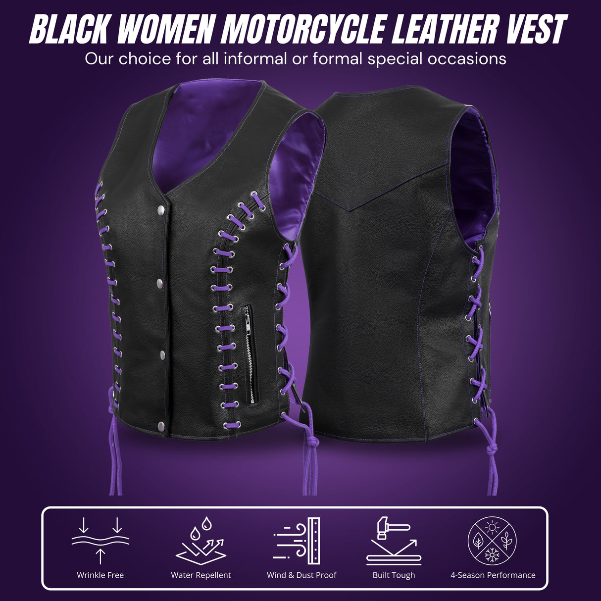 WOMEN SIDE LACE VEST M/O BUFFALO BLACK LEATHER WITH PURPLE THREAD AND EYELET