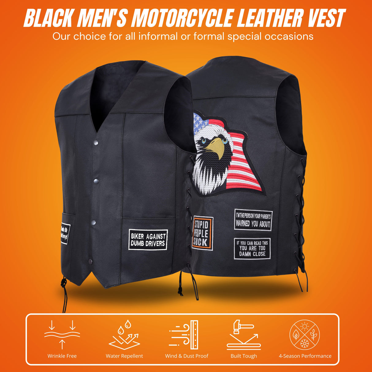 Men's black leather biker vest set, front and back view with eagle-and-flag graphic