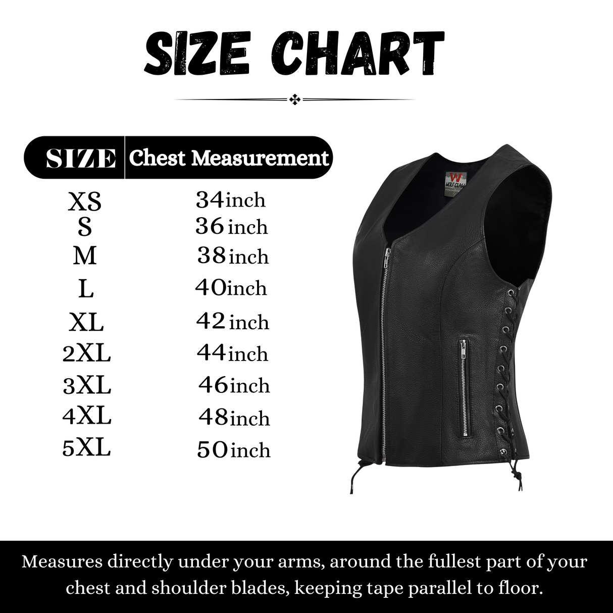 WCWV55841SPT Black Women's Side Lace Front Zipper leather motorcycle Vest