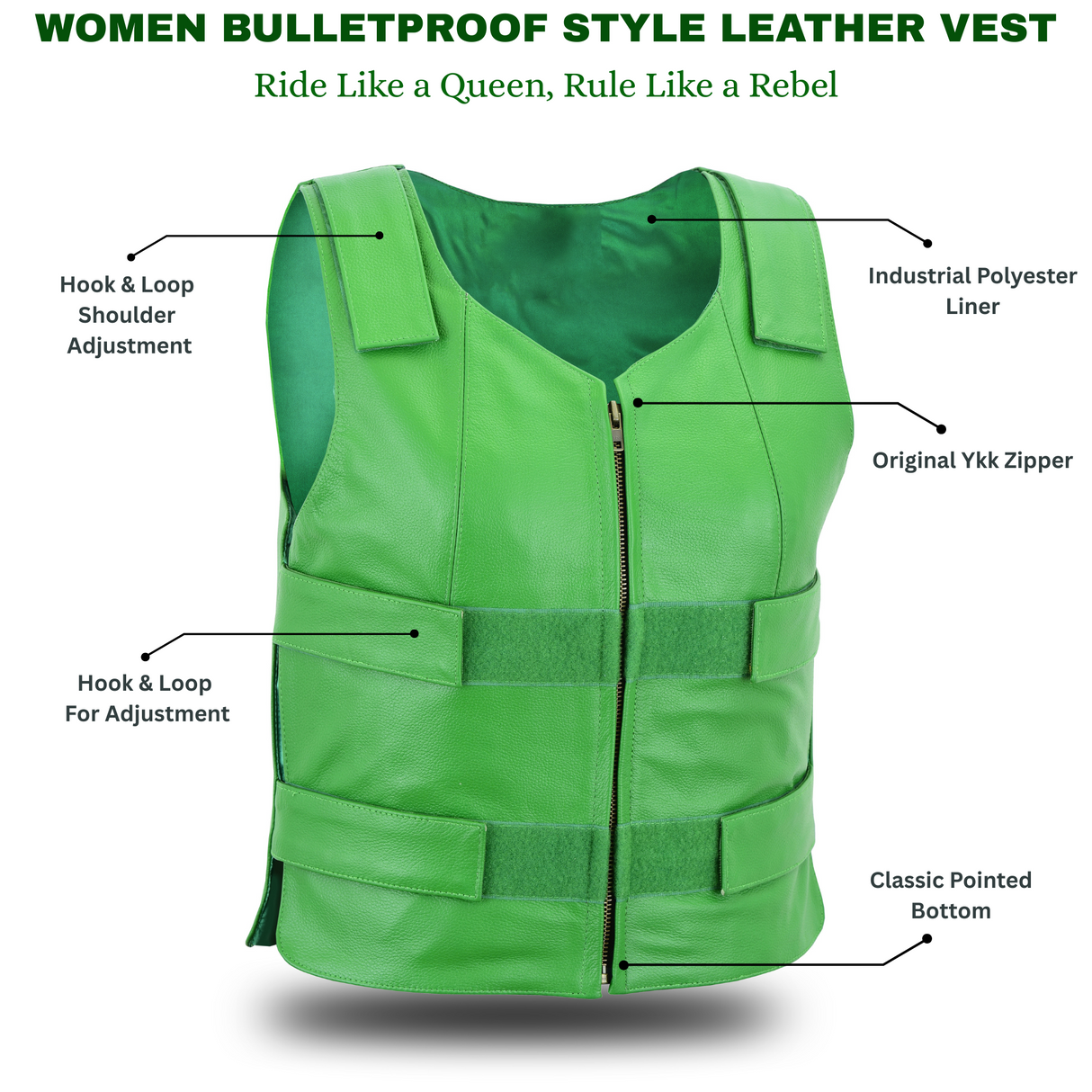 WCWV54941Green WOMEN Bulletproof Style Leather vest designs for Bikers Clubs