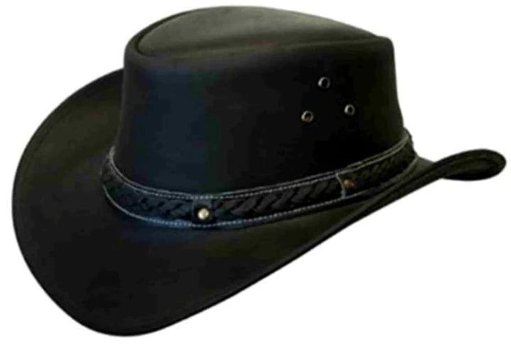Black Genuine Leather Braided Cowboy Hat Classic Western Style