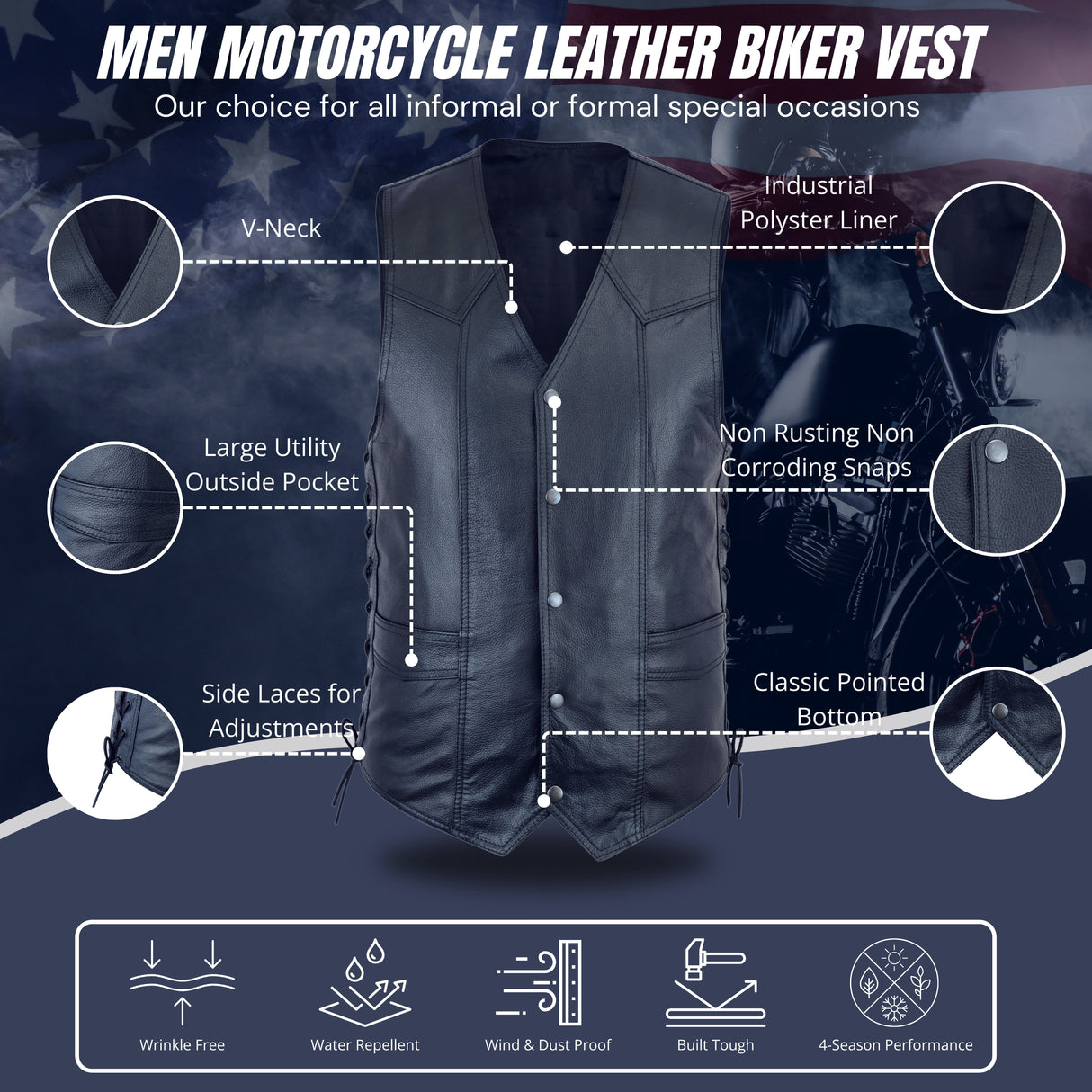 Men's Knight Dark Blue Side Lace Club Color Gun Leather Vest.