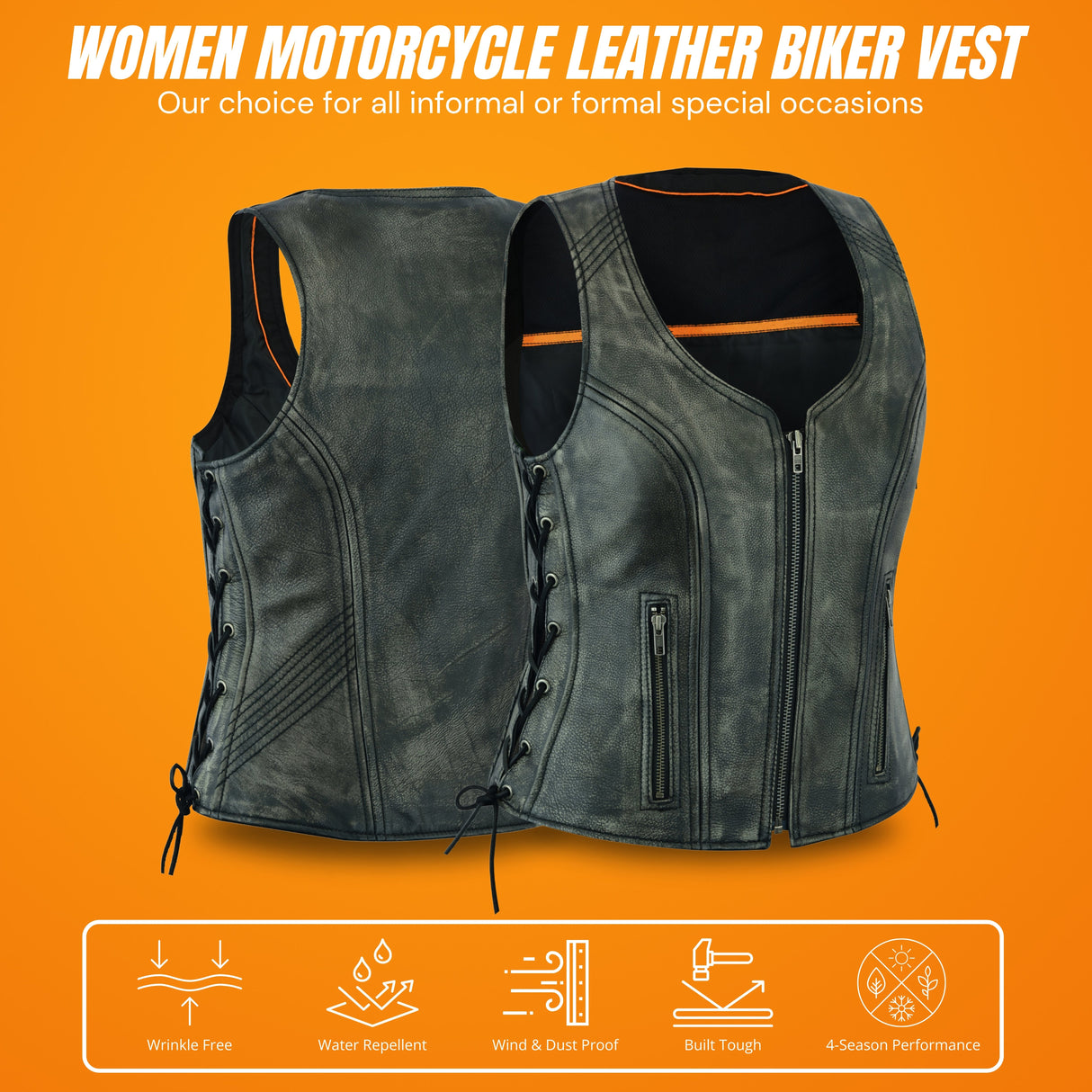 Women's Distressed Grey ‘Open Neck’ Motorcycle Side Laces Leather Vest