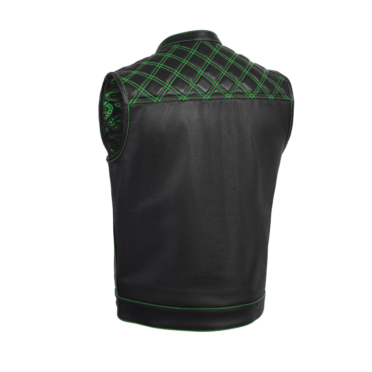 Men's Green Black Cross Stitch Club Style Cow Platted Milled Leather Vest.