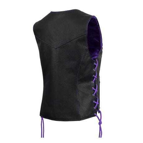 WOMEN SIDE LACE VEST M/O BUFFALO BLACK LEATHER WITH PURPLE THREAD AND EYELET