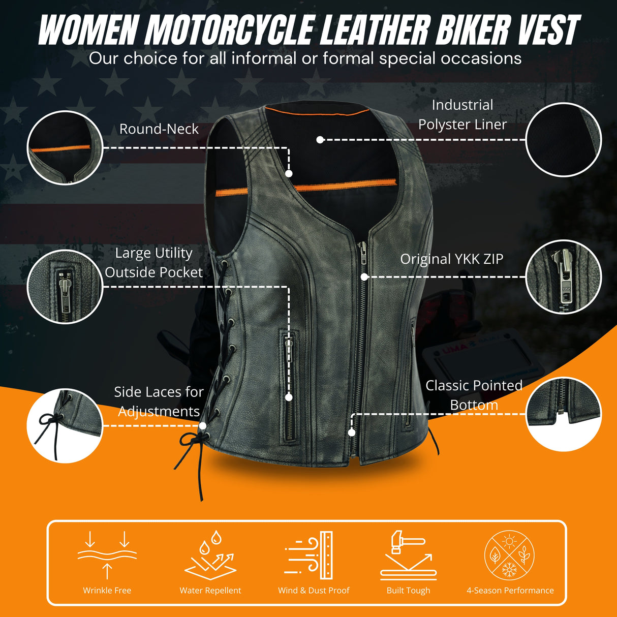 Women's Distressed Grey ‘Open Neck’ Motorcycle Side Laces Leather Vest