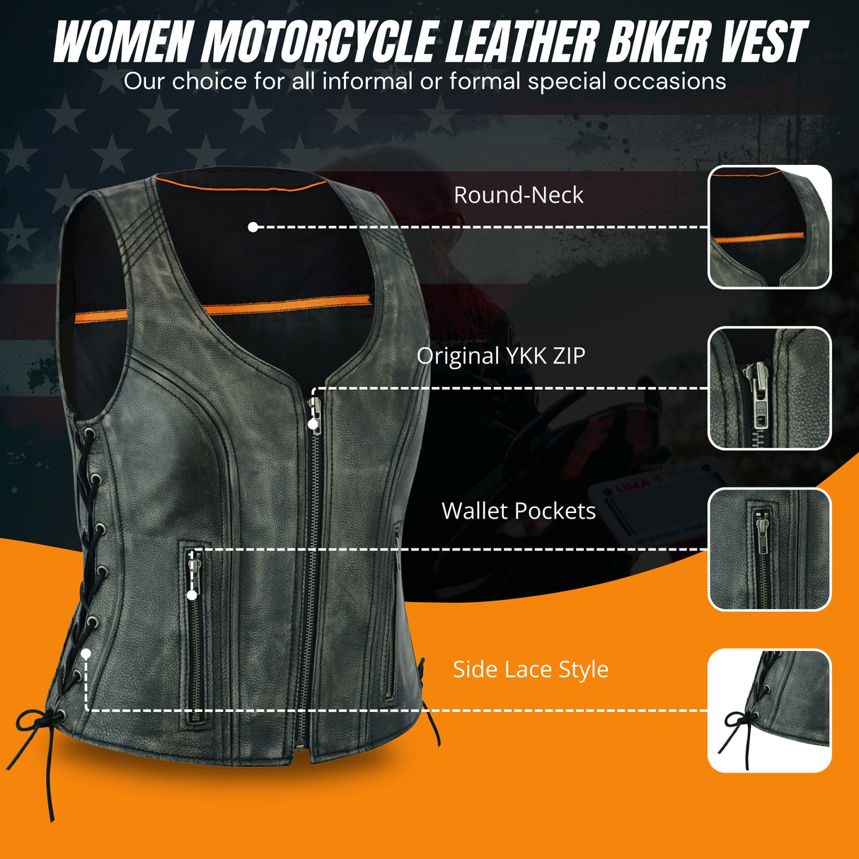Women's Distressed Grey ‘Open Neck’ Motorcycle Side Laces Leather Vest