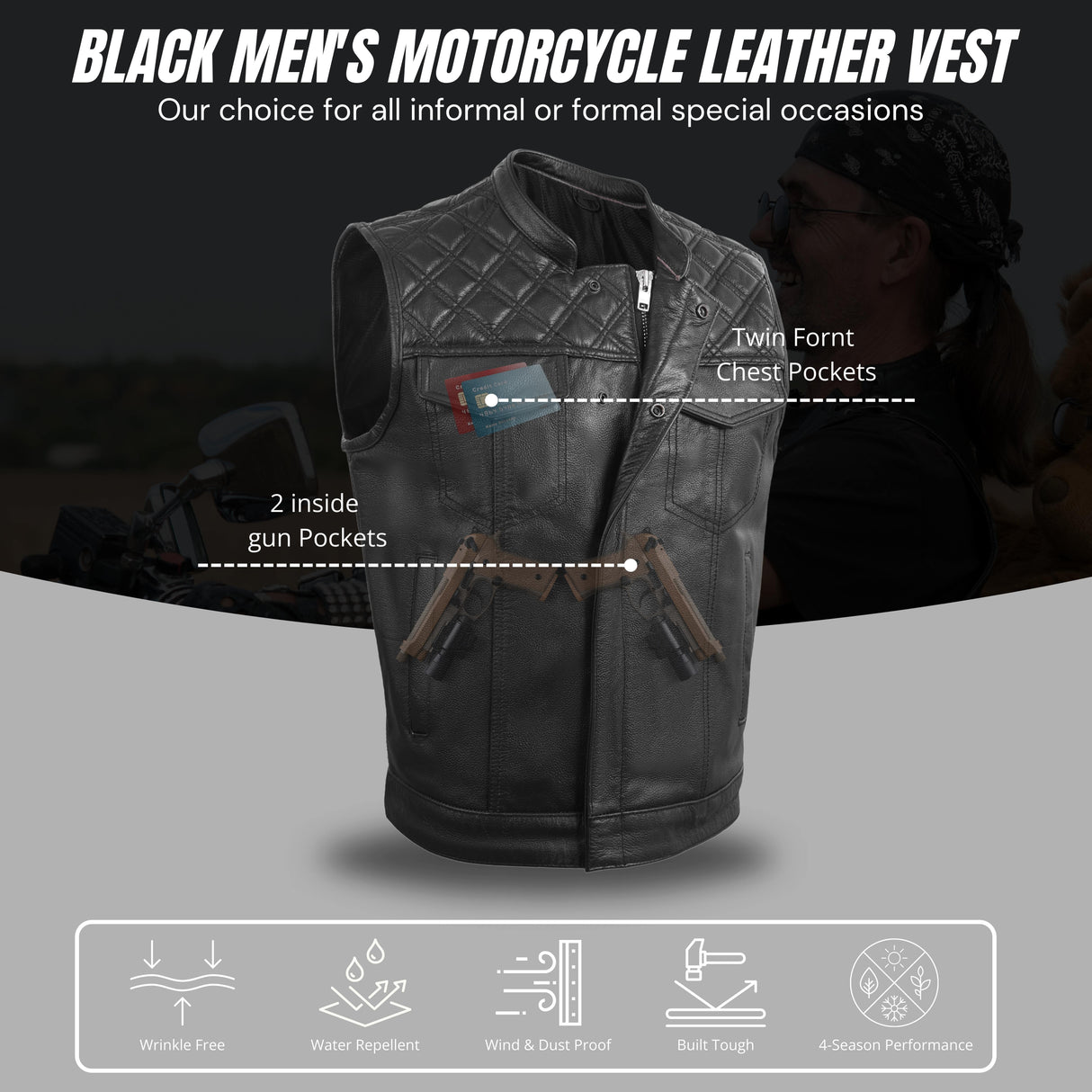 Men's Black Cross stitch Club Style Cow Platted Milled Leather Vest.