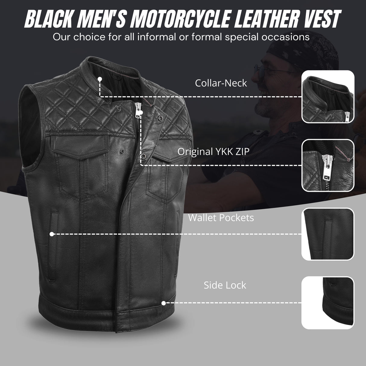 Men's Black Cross stitch Club Style Cow Platted Milled Leather Vest.