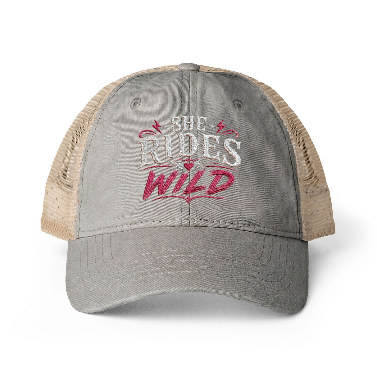 Women's Washed Mesh-Back Cap She Rides Wild Embroidered