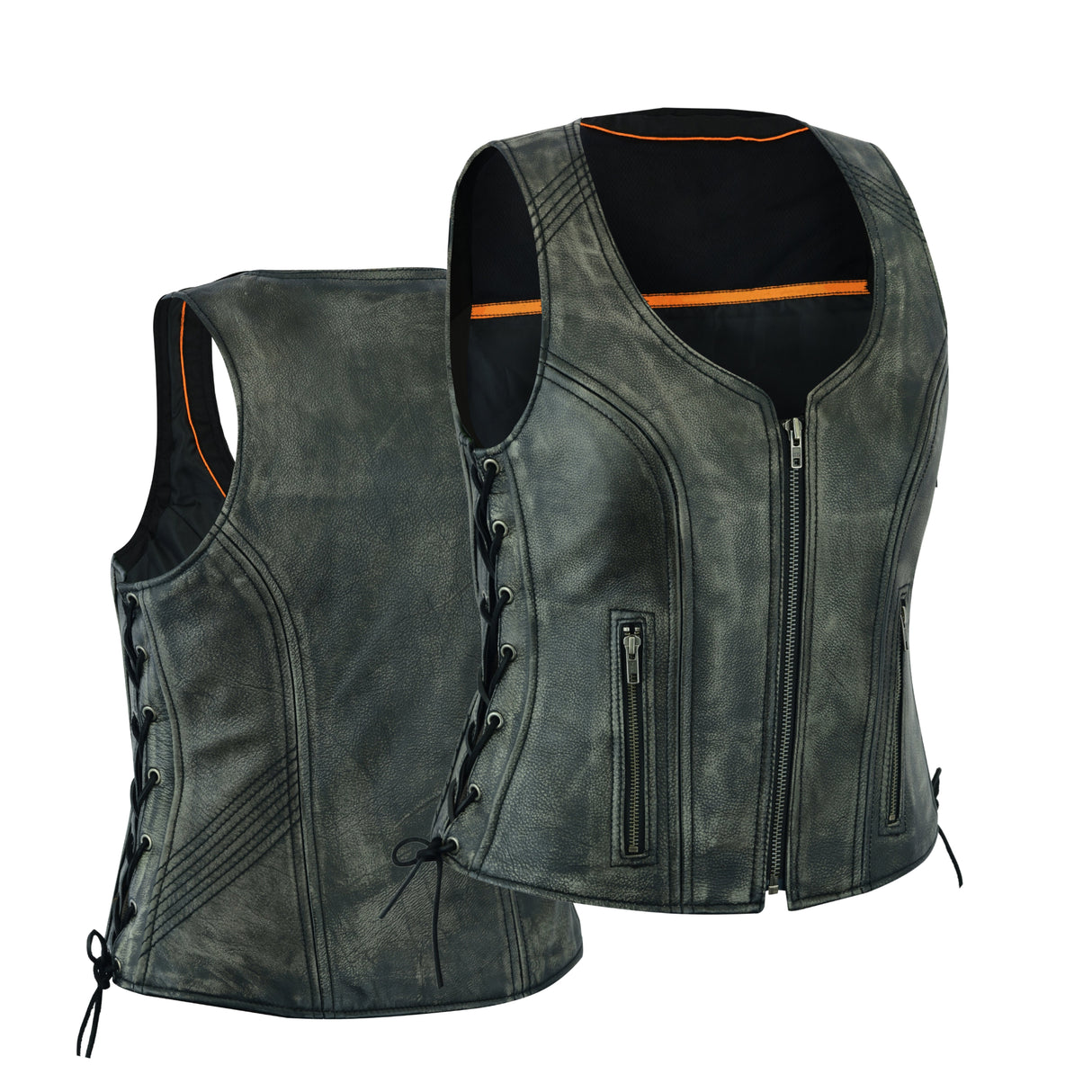 Women's Distressed Grey ‘Open Neck’ Motorcycle Side Laces Leather Vest