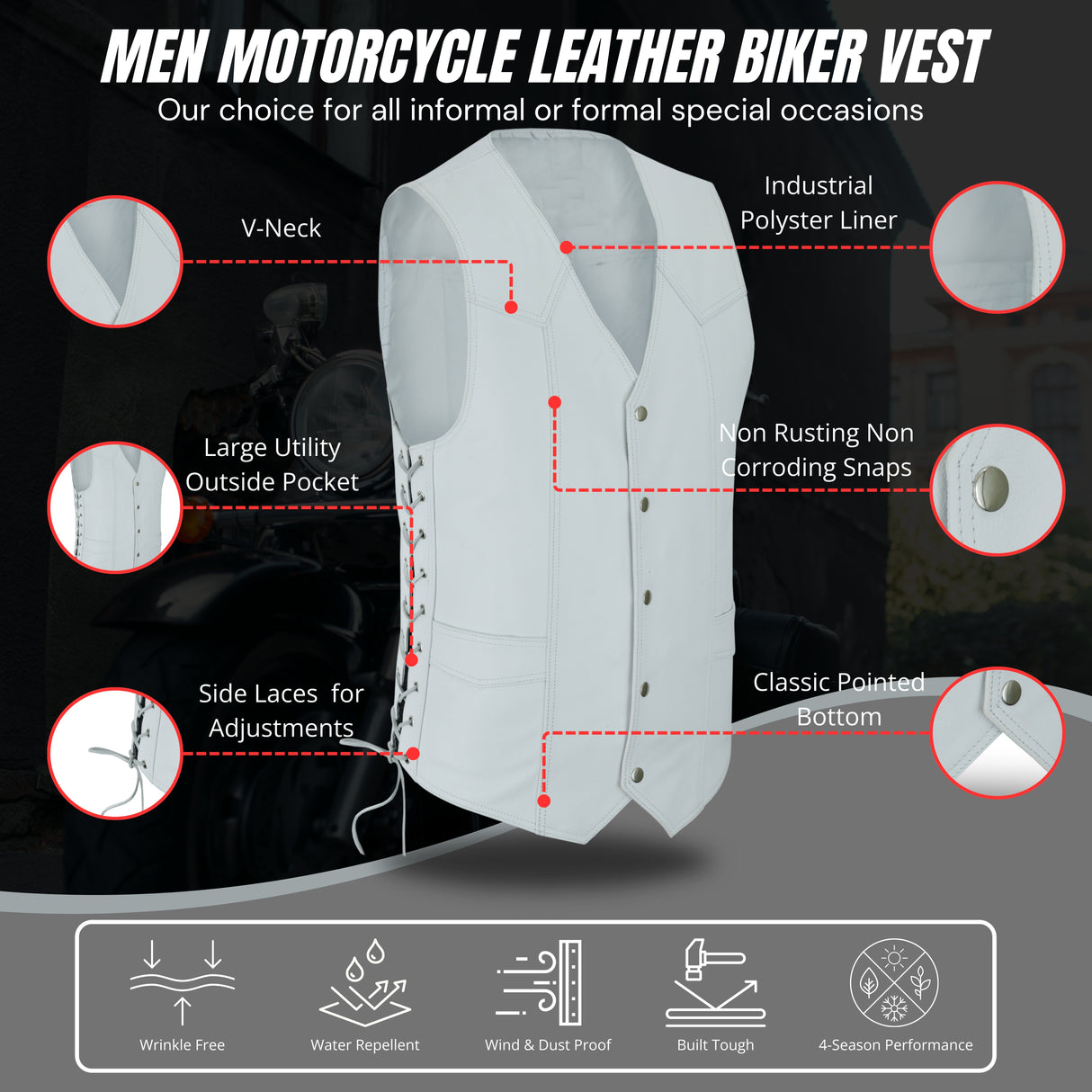 Men's White Side Lace Leather Traditional style Vest.