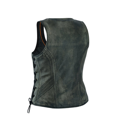 Women's Distressed Grey ‘Open Neck’ Motorcycle Side Laces Leather Vest