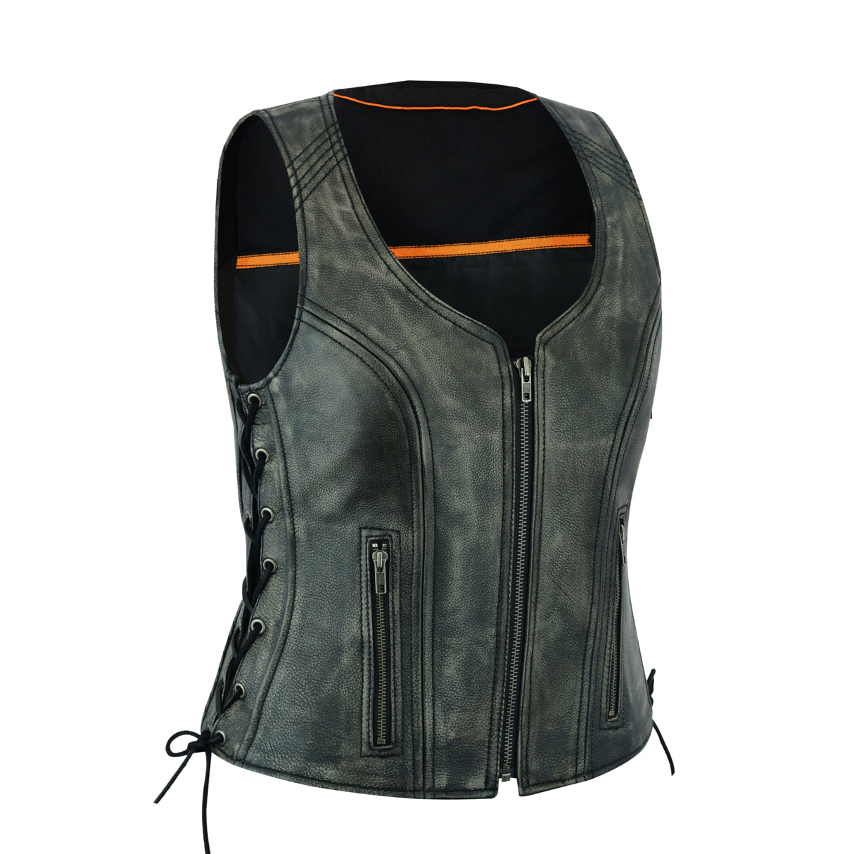 Women's Distressed Grey ‘Open Neck’ Motorcycle Side Laces Leather Vest