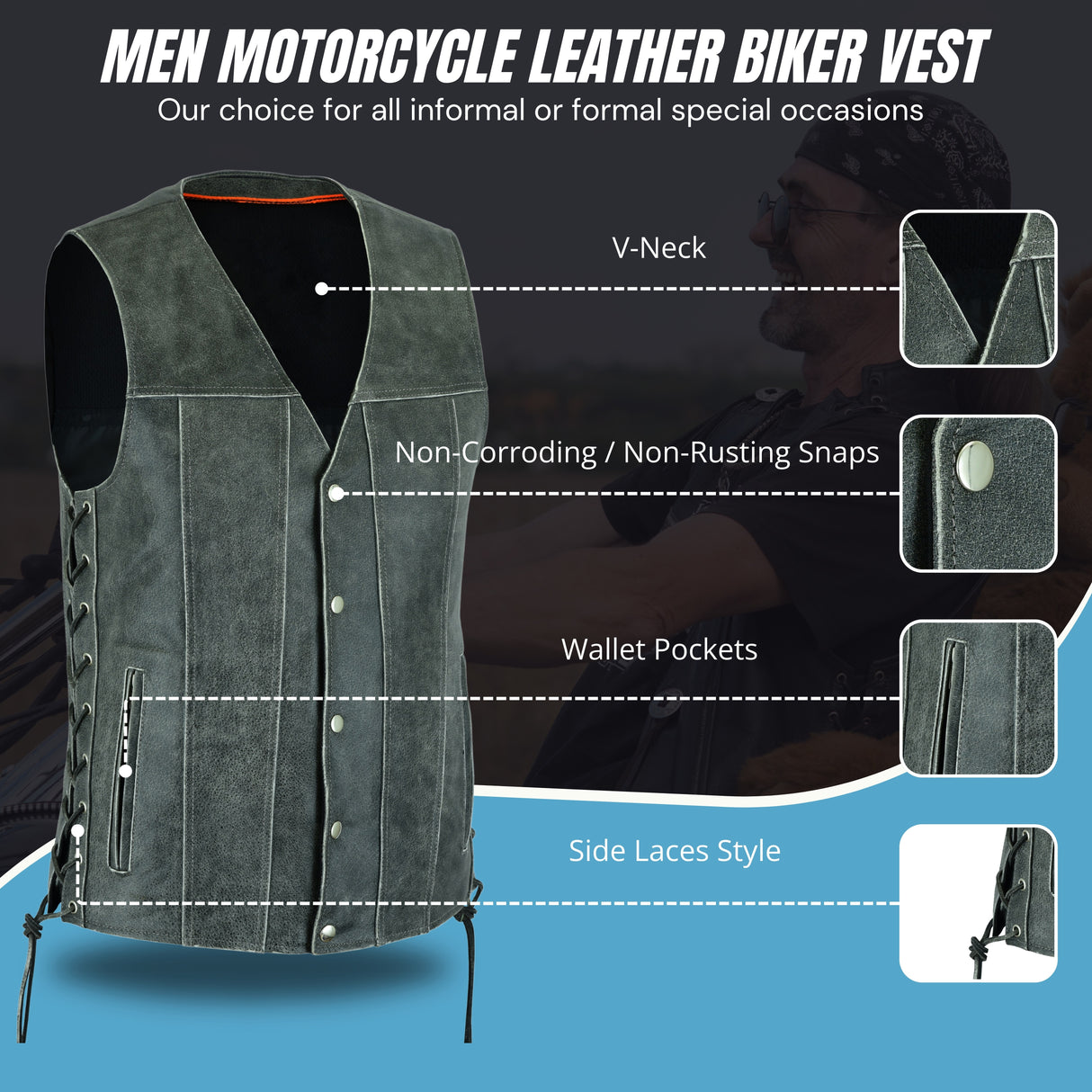 Men Side Lace Grey Leather Vest-Straight Bottom Inside Gun Pocket Leather Vest
