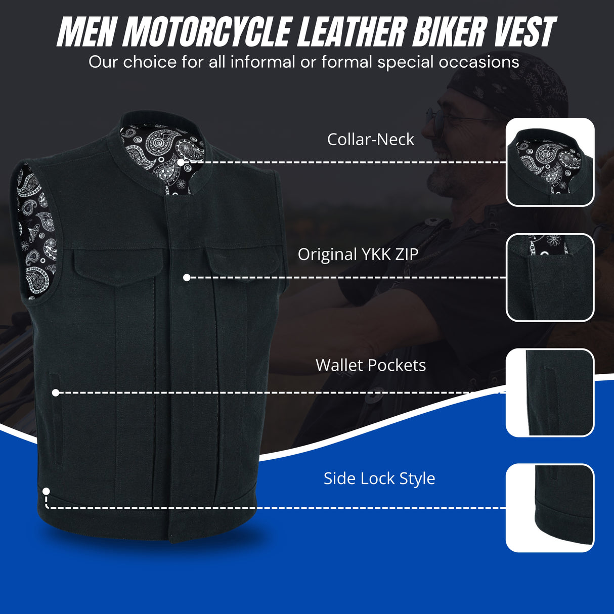 Men's Motorcycle Canvas Vest with Concealed Carry Pockets – Highland V2 - Men Leather Vests - Detail & Feature View