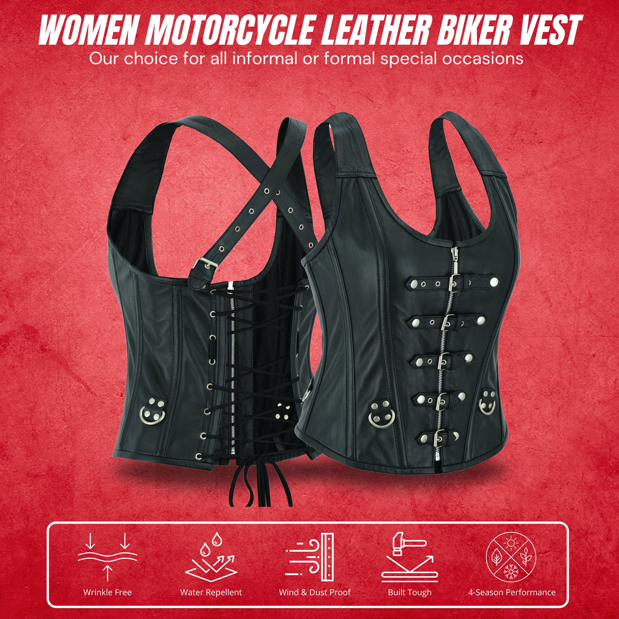 WCWV77041BLACK Bustier Halter Shoulder Straps Women's Steel Boned Gothic Punk Rock with Buckles Steampunk Corset Top Genuine Leather Clubwear