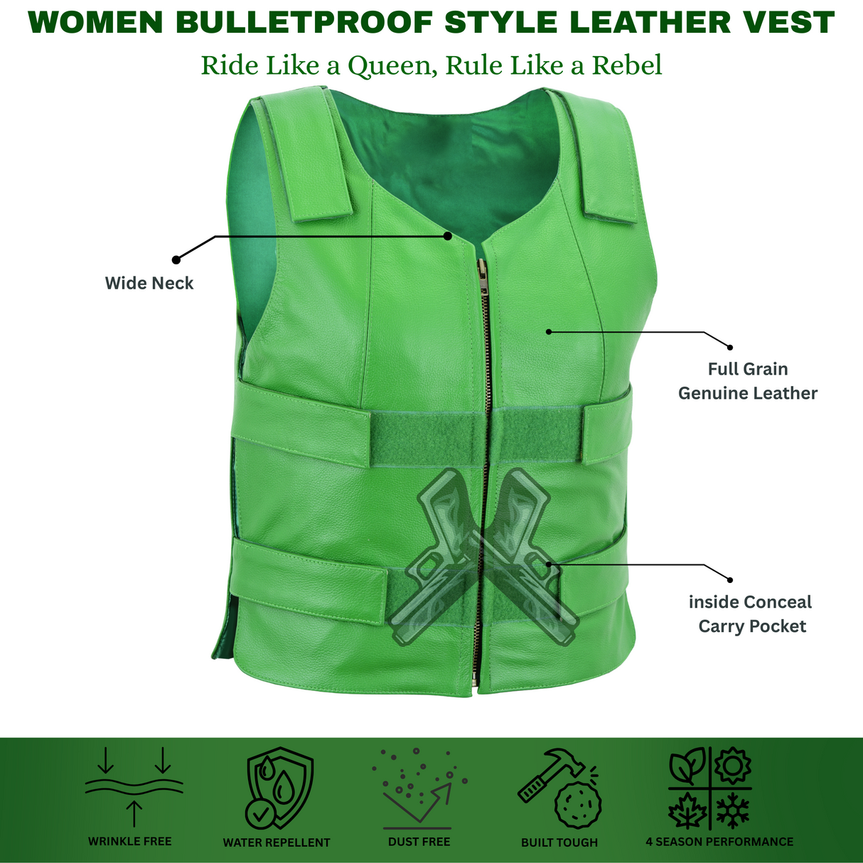 WCWV54941Green WOMEN Bulletproof Style Leather vest designs for Bikers Clubs