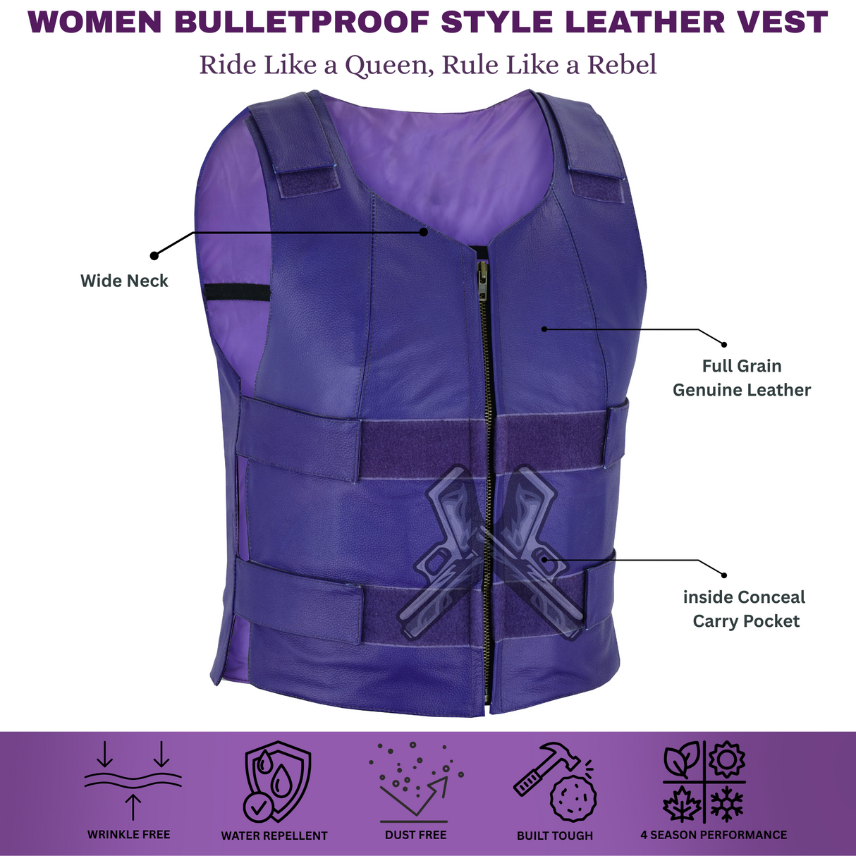 Passionate Purple Women Bullet Proof style Leather Motorcycle Vest-bikers Club
