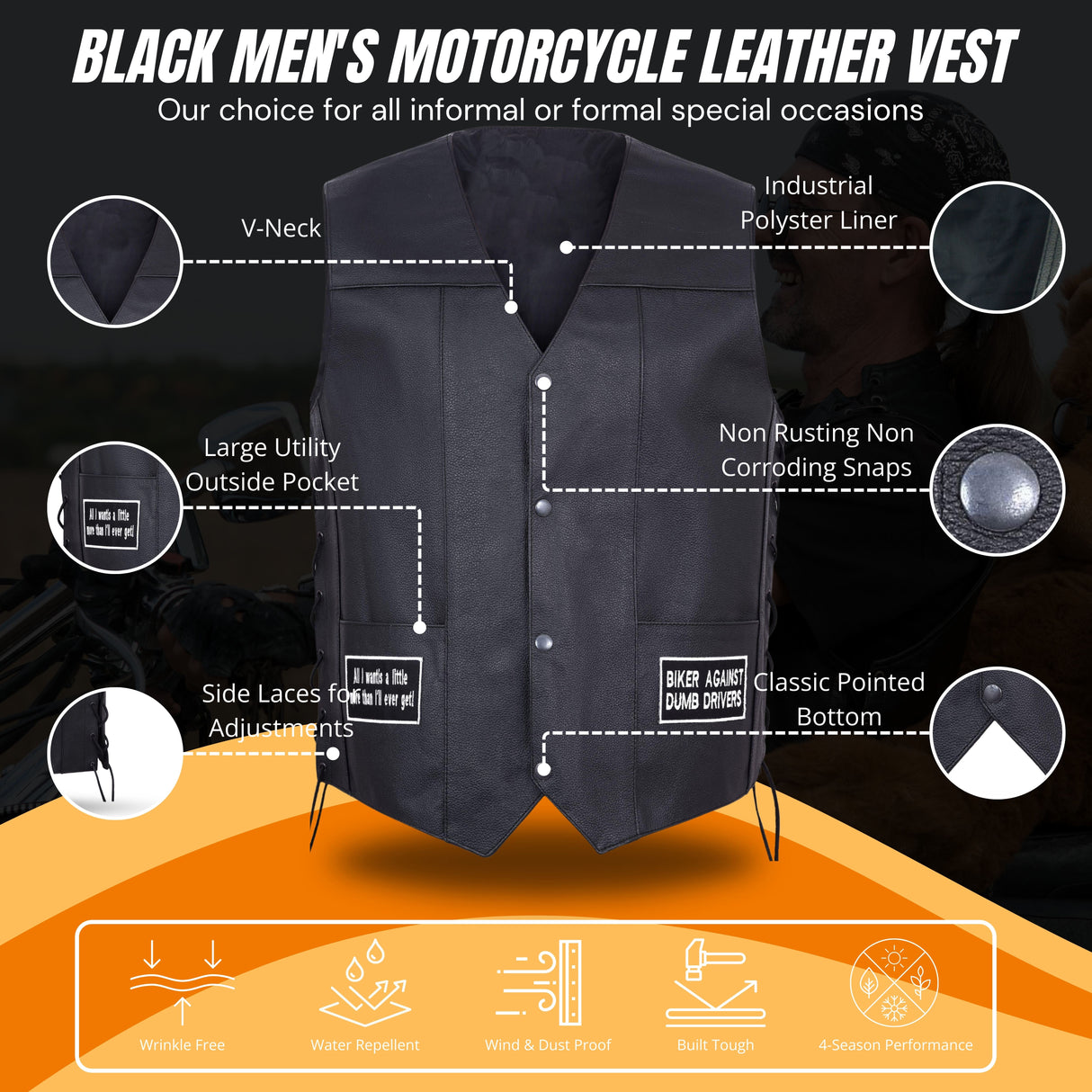 Men's black leather biker vest, front features V-neck, utility pockets, and non-rusting snaps