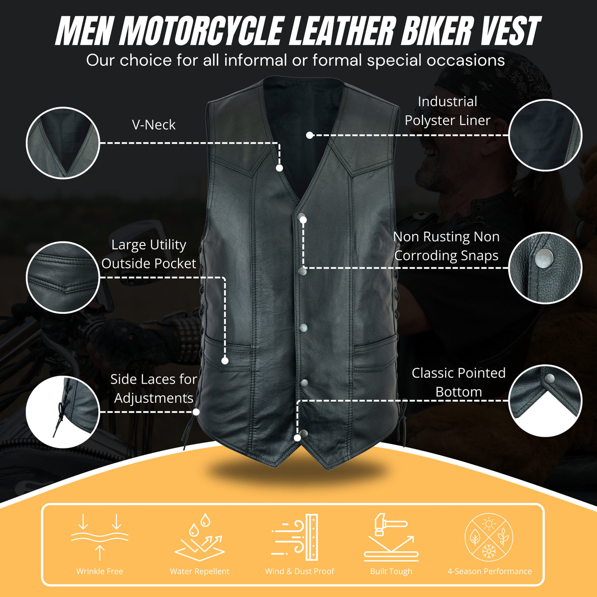 Men's Classic Side Lace, Gun Pockets Motorcycle Leather Vest.