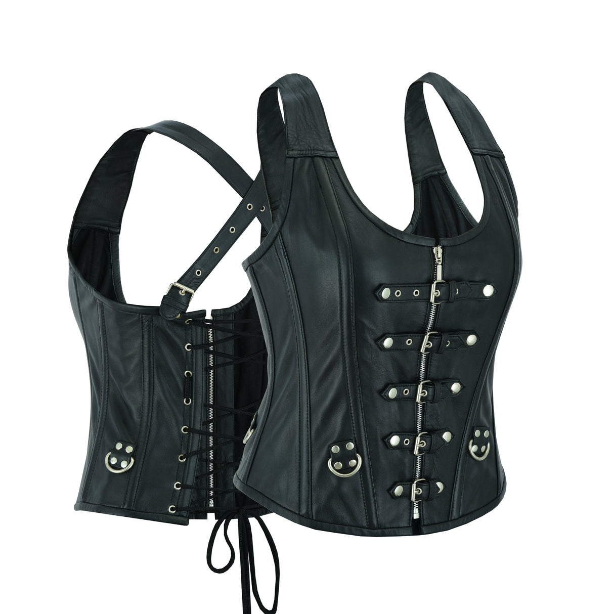 WCWV77041BLACK Bustier Halter Shoulder Straps Women's Steel Boned Gothic Punk Rock with Buckles Steampunk Corset Top Genuine Leather Clubwear