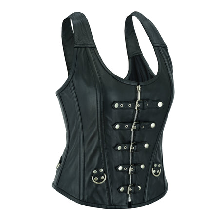 WCWV77041BLACK Bustier Halter Shoulder Straps Women's Steel Boned Gothic Punk Rock with Buckles Steampunk Corset Top Genuine Leather Clubwear