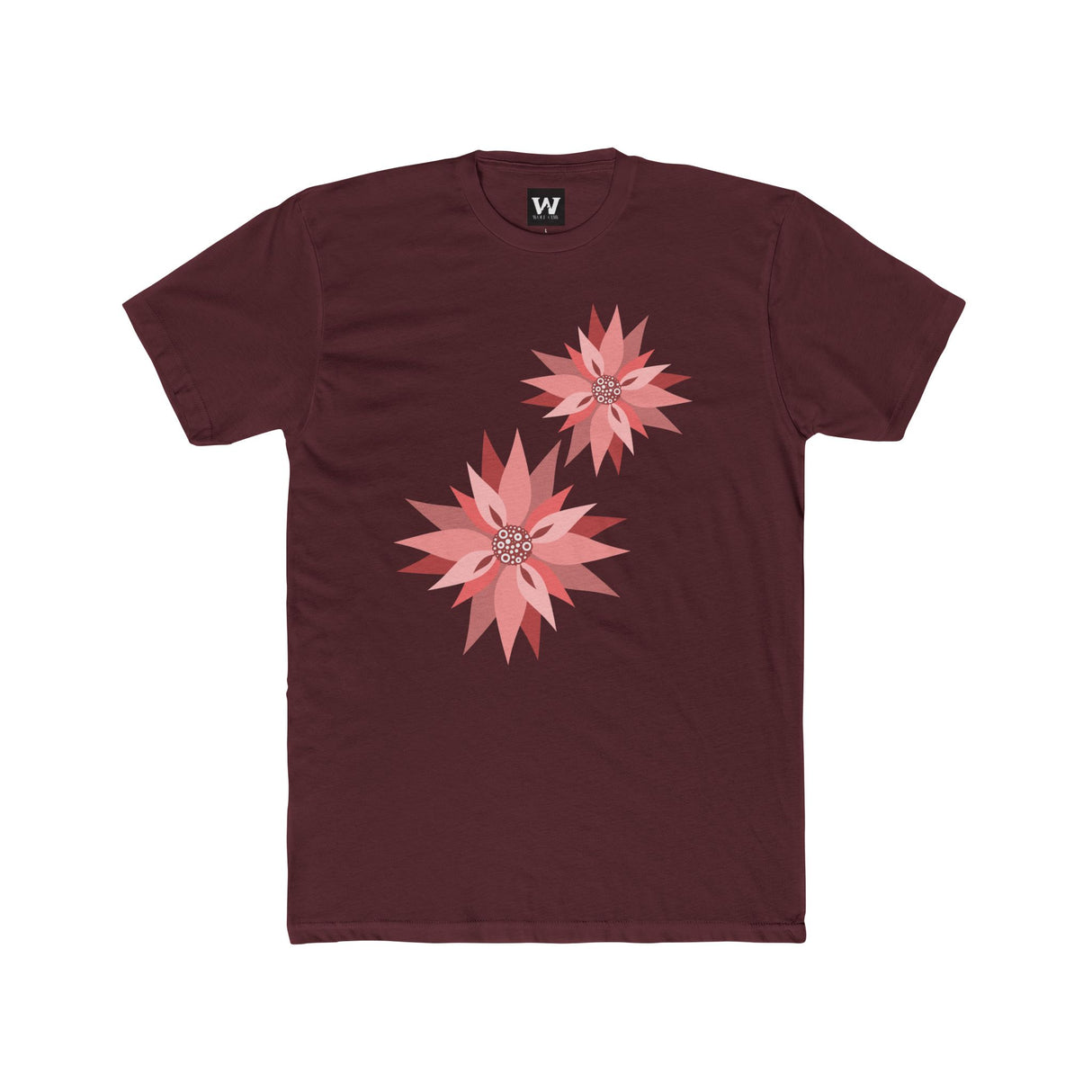 Dark red crew tee with pink and coral flower graphic on front