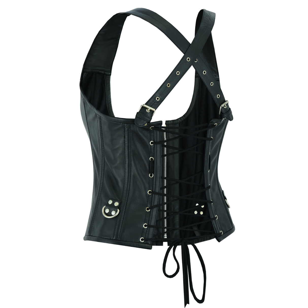 WCWV77041BLACK Bustier Halter Shoulder Straps Women's Steel Boned Gothic Punk Rock with Buckles Steampunk Corset Top Genuine Leather Clubwear