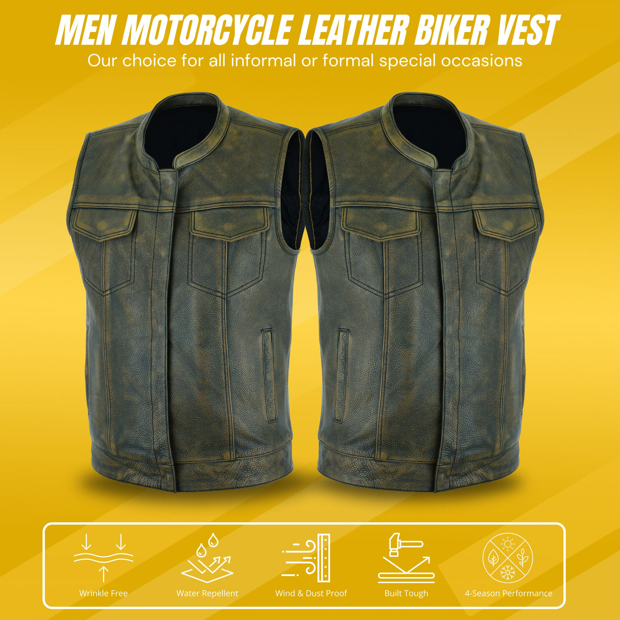 Men’s leather motorcycle vest, open round neck, front dual-closure, chest and side pockets