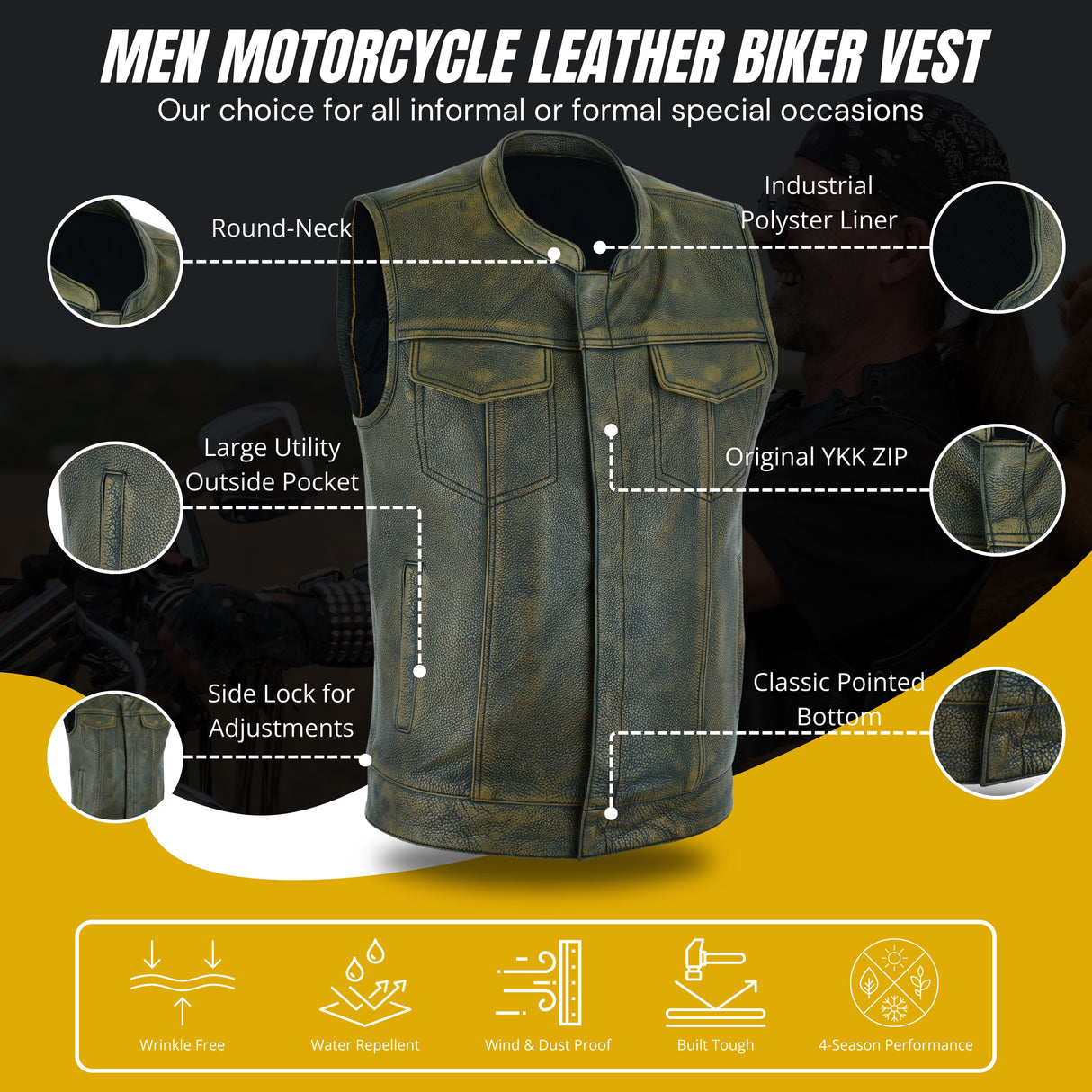 Men’s leather motorcycle vest with round neck, utility pockets, YKK zip front, side lock
